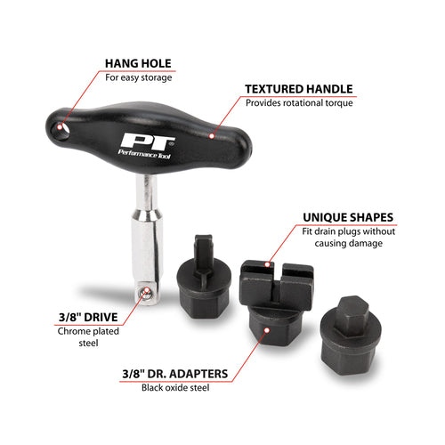 Oil Drain Plug T-Handle Remover Tool with Adapters, 3/8 Inch