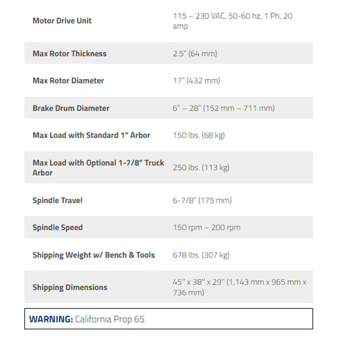 Ranger RL-8500 Combination Disc/Drum Brake Lathe with Bench & Standard Tooling