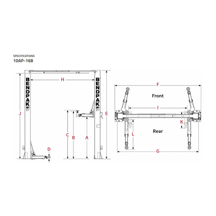 BendPak 10AP-168 2-Post Car Lift 10000 lbs Capacity ClearFloor Adjustable Width Base- 168" Height