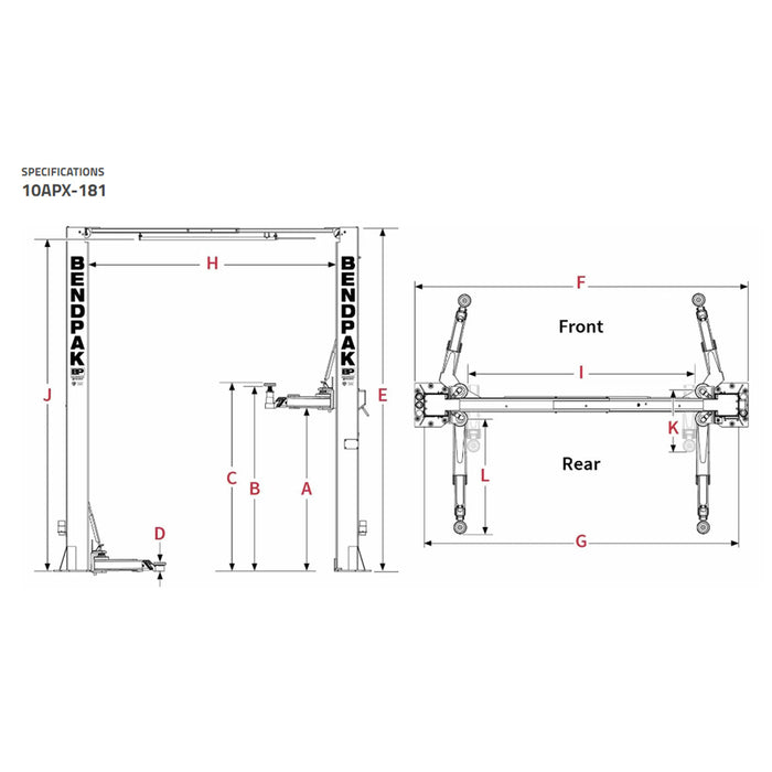 BendPak 10APX-181 2 Post Lift 10.000lbs Capacity ClearFloor Adjustable Width Base - 181" Height