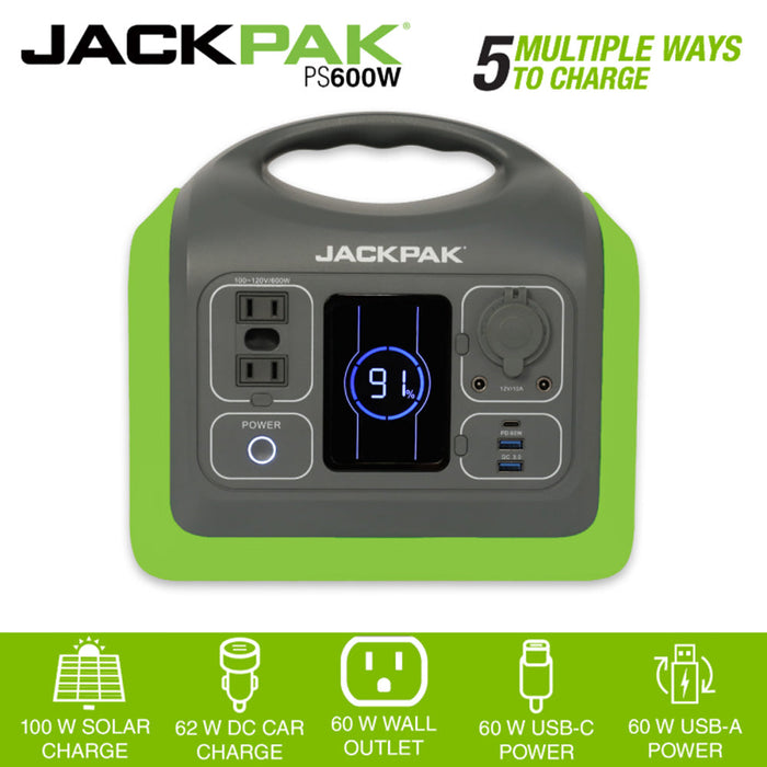 JackPak PS600W Water-Resistant, AC Output Port, Power Bank, LED Lamp,USB-C PD 60W Port, USB-A 3.0 Port,DC12V521 Output Port