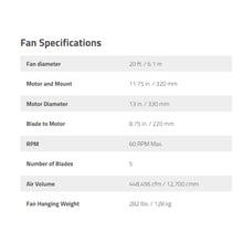 Load image into Gallery viewer, Cool Boss CB-20HVLS Industrial Overhead Fan / 20&#39; Dia. / 12,700 m³ Per Min. Air Volume / 203-230V 50/60HZ

