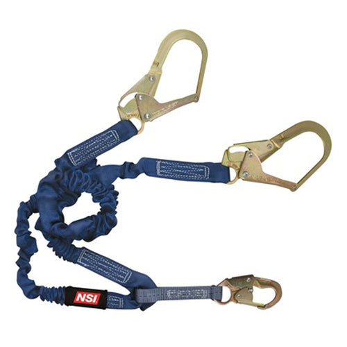 NSI 4 1/2' - 6' Elastic 100% Tie-Off, Locking Snap Hook & 2 Rebar SnapHooks Shock Absorbing Fall Protection Lanyard