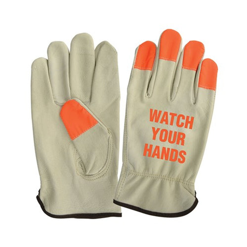 NSI Watch Your Hands Hi-Vis Orange Fingertip Grain Leather Driver's Gloves