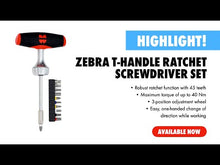 Load and play video in Gallery viewer, ZEBRA T-Handle Ratchet Screwdriver Set (Includes 11 Bits - 1 Square, 1 Flat, 2 Hexagon, 2 Phillips, 5 Torx)
