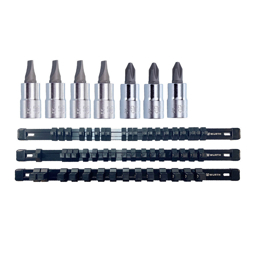 Zebra 1/4 Inch Phillips Socket Bit Package 10 Total Pieces With FREE Black Aluminum Socket Organizer Rail Set