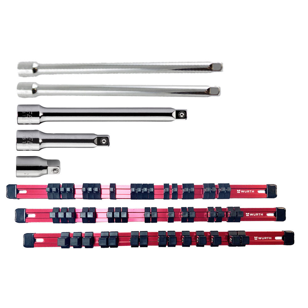 Zebra 1/4 Inch Extension Package 8 Pieces With FREE Red Aluminum Socket Organizer Rail Set