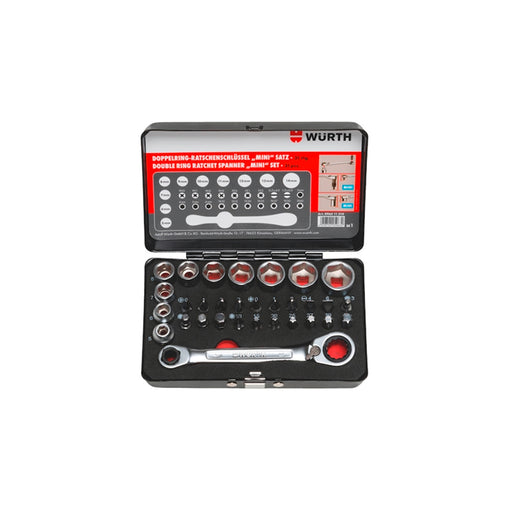 A double box-end ratchet wrench mini set with various bits and sockets, displayed in an open black storage case with red and silver tools.