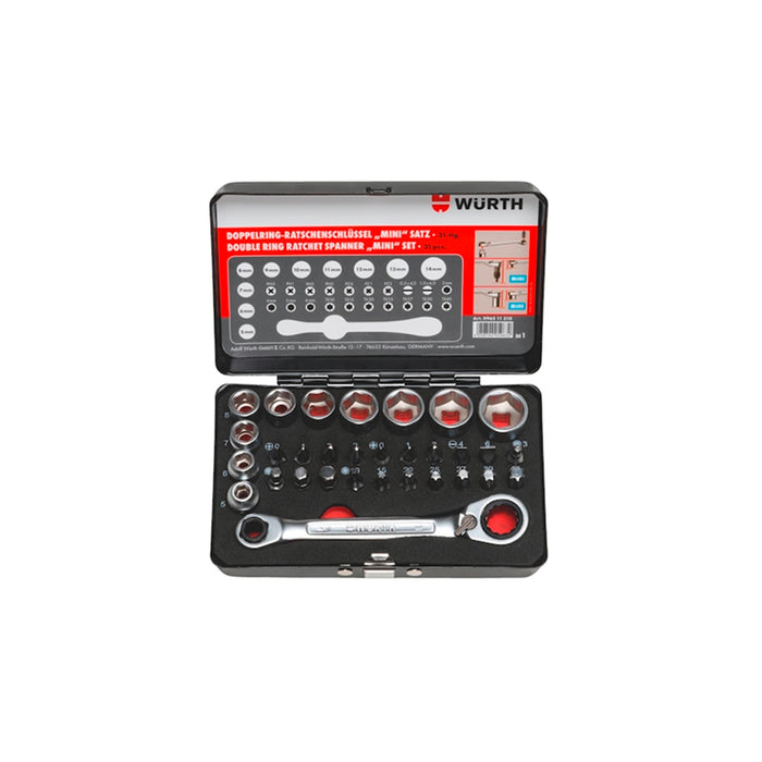 A double box-end ratchet wrench mini set with various bits and sockets, displayed in an open black storage case with red and silver tools.
