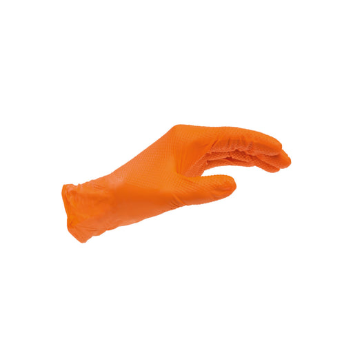 An orange nitrile glove with a raised diamond texture displayed against a white background